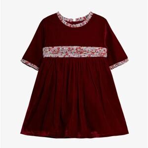 New Jojo Maman Bebe Lined Floral Tie Maroon Velvet Holiday Dress 6-12 months